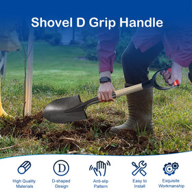 MroMax shovel D grip handle side view, ergonomic design reduces fatigue.