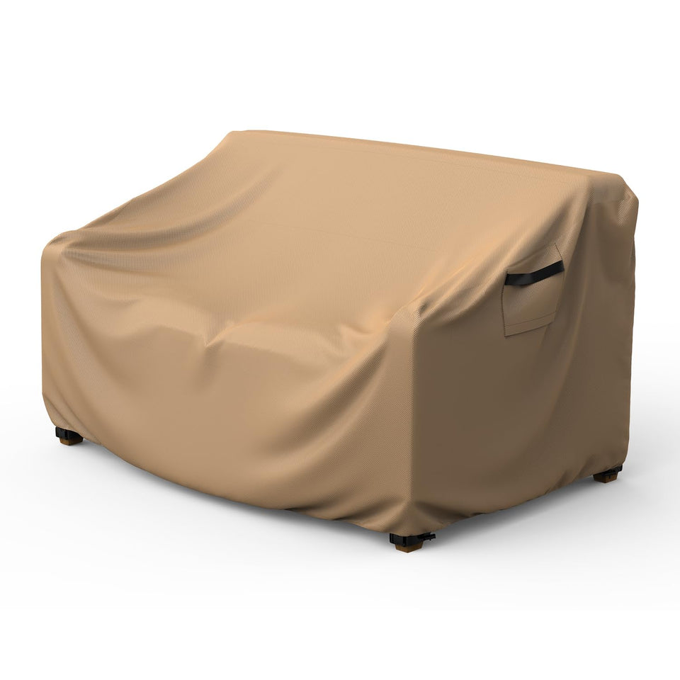 Mrrihand heavy duty patio sofa cover on a brown outdoor sofa protects against rain and dust