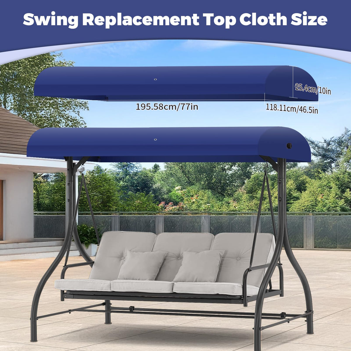 Mrsenloi blue canopy replacement, GT porch swing, side view, enhances shading