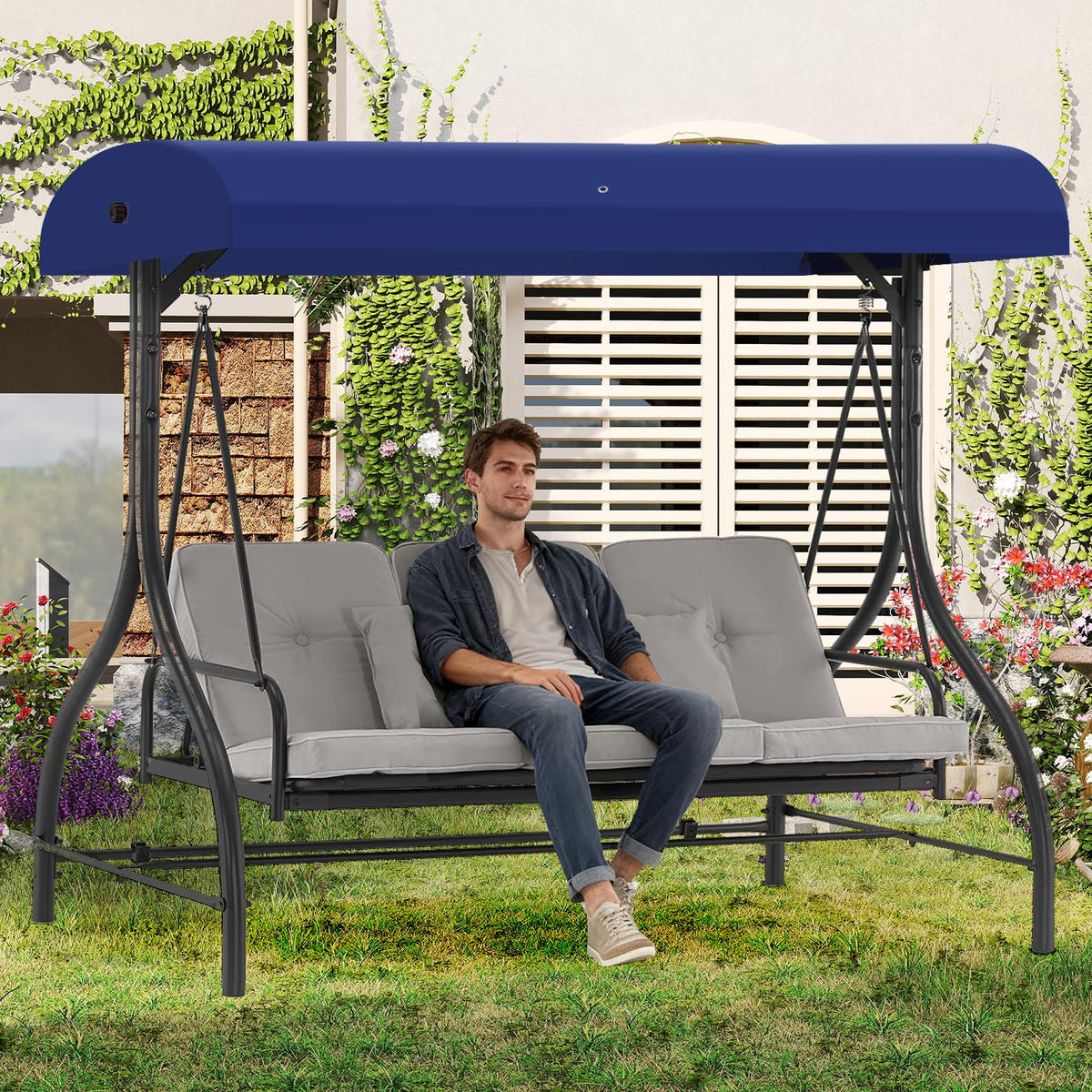 Mrsenloi blue canopy provides weather protection for GT porch swing