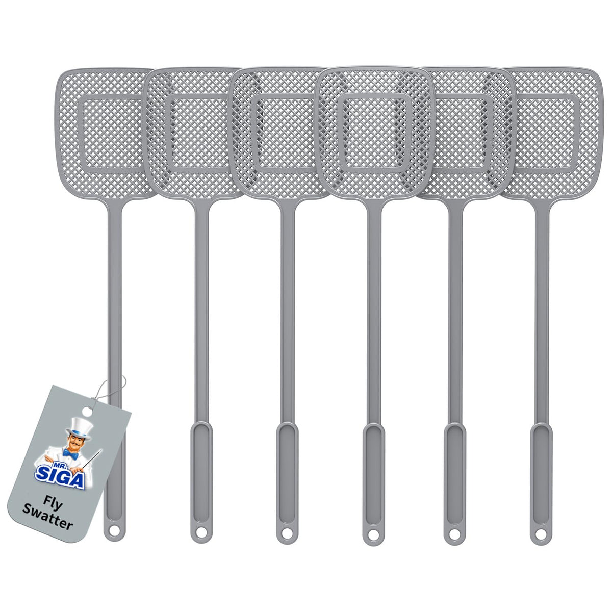 MR.SIGA heavy-duty fly swatter with long gray handle for easy reach and pest control.