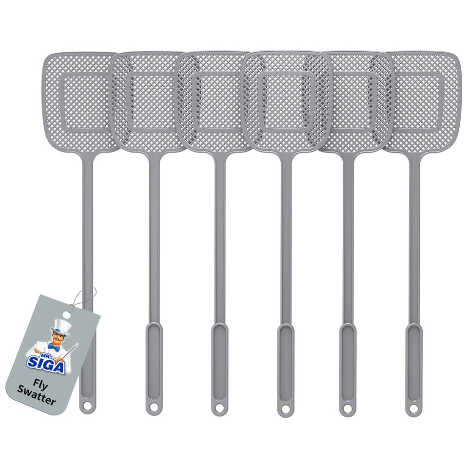 MR.SIGA heavy-duty fly swatter with long gray handle for easy reach and pest control.
