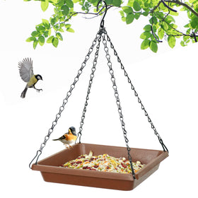 MSKIAUO large brown hanging bird feeder tray with ample seed space for backyard birds.