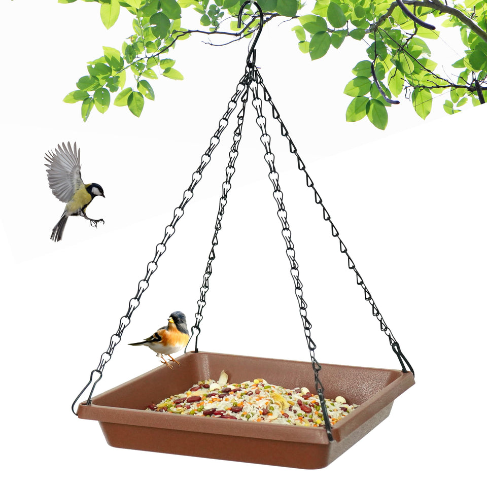 MSKIAUO large brown hanging bird feeder tray with ample seed space for backyard birds.