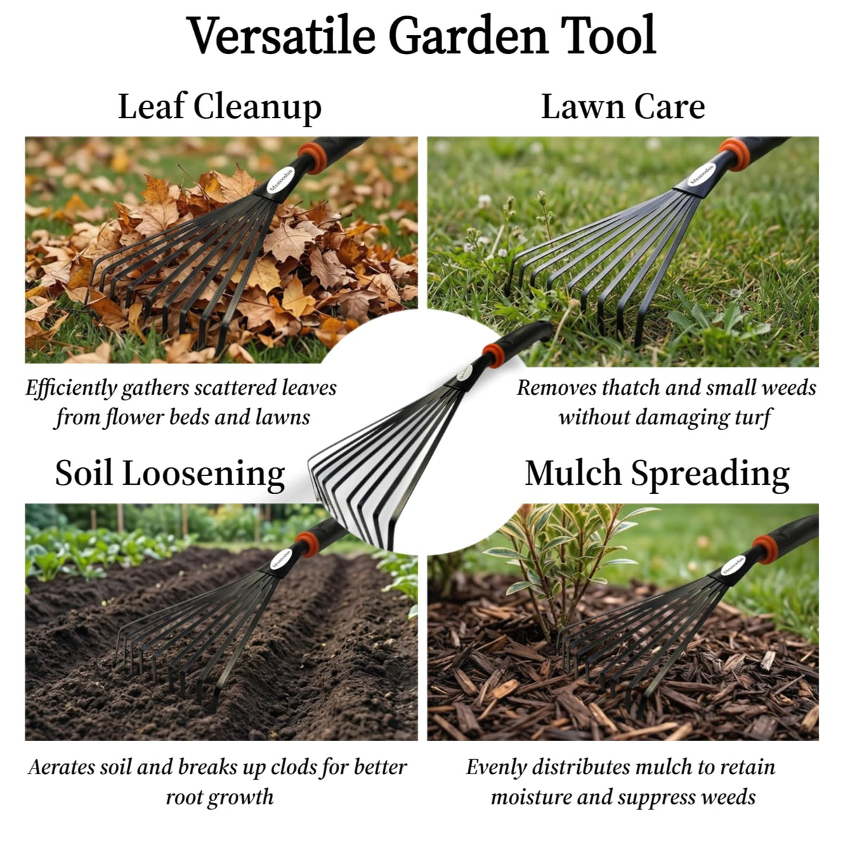 Msstoodun yard cleanup multi task rake for leaves and soil.