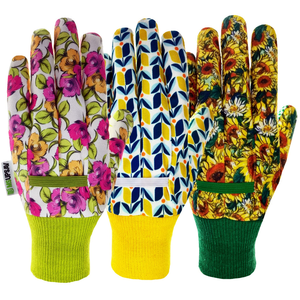 MSUPSAV 3 Paris garden gloves pack with floral pattern, protects hands during planting tasks.