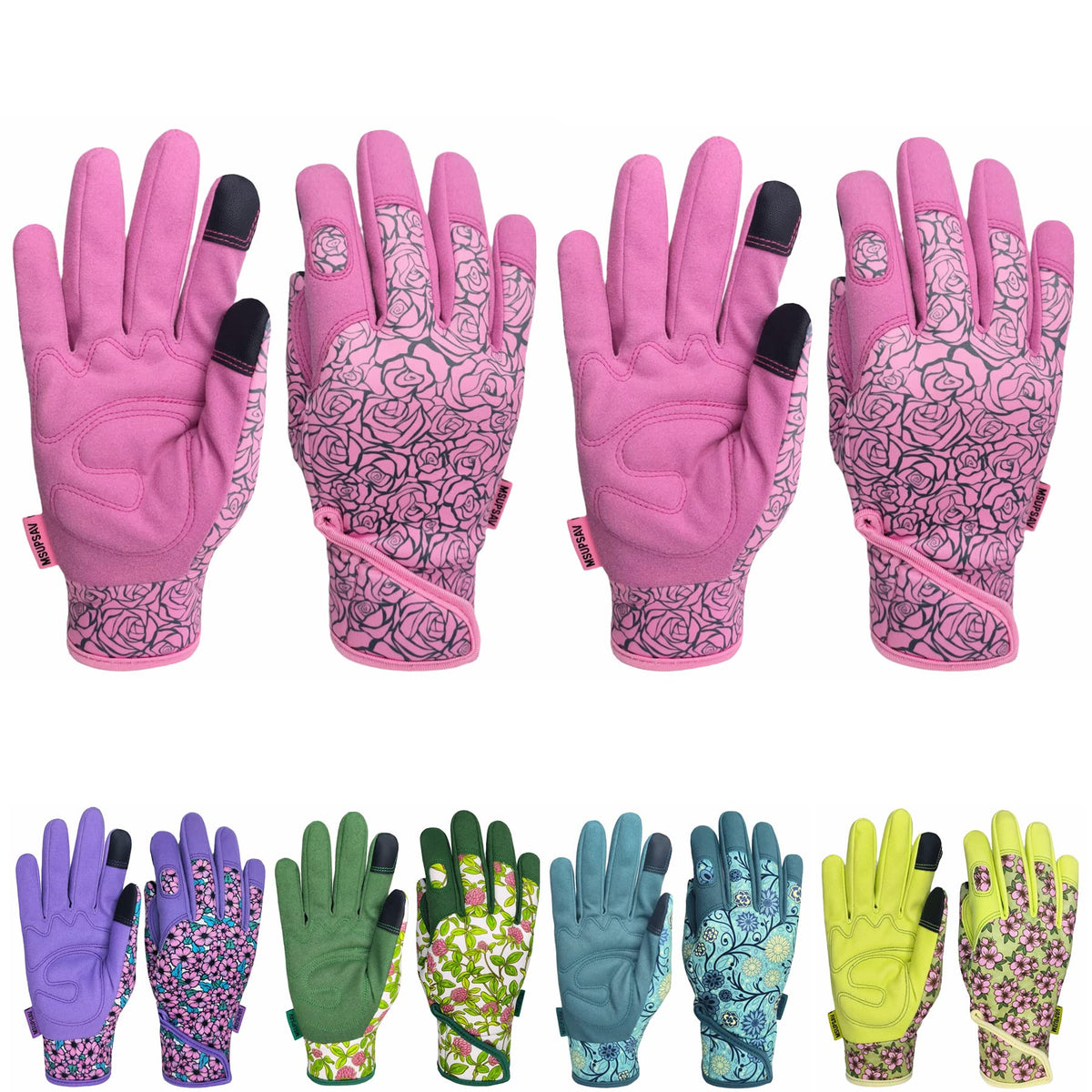 MSUPSAV garden gloves front view in pink, comfortable fit for gardening.
