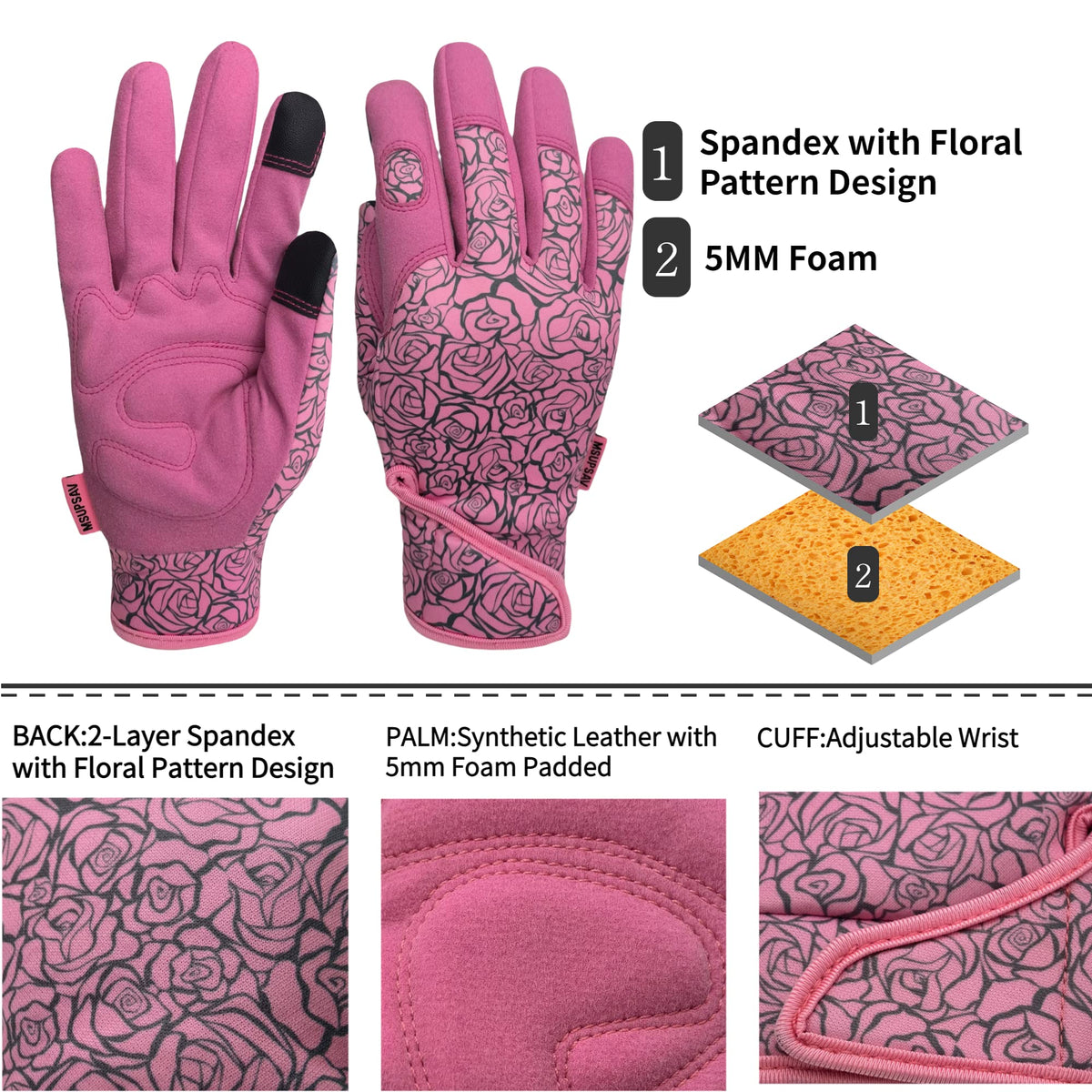 MSUPSAV gloves palm padding detail supports grip during pruning.