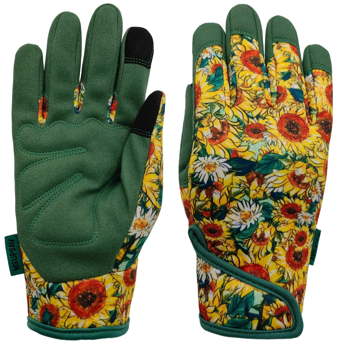 MSUPSAV gardening gloves front view in green sunflower pattern for comfortable gardening tasks.