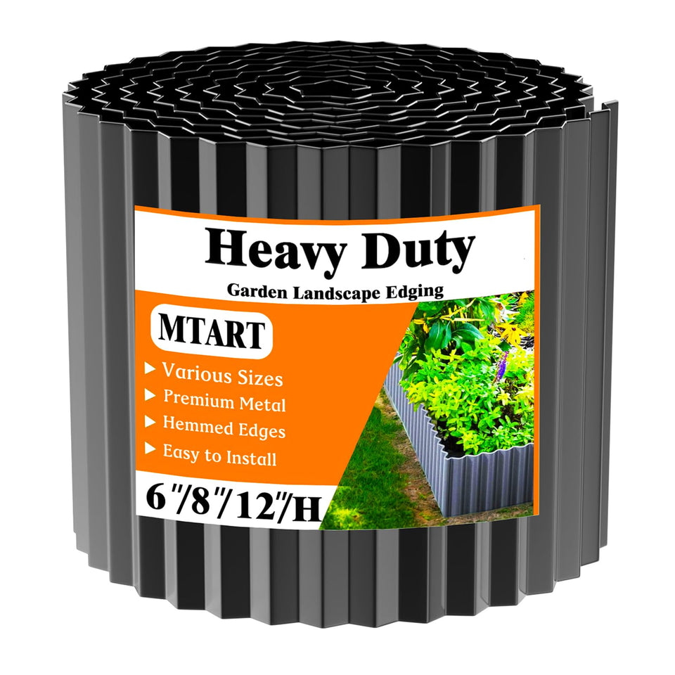 MTART corrugated metal edging borders a garden bed with a durable, weather-resistant finish.