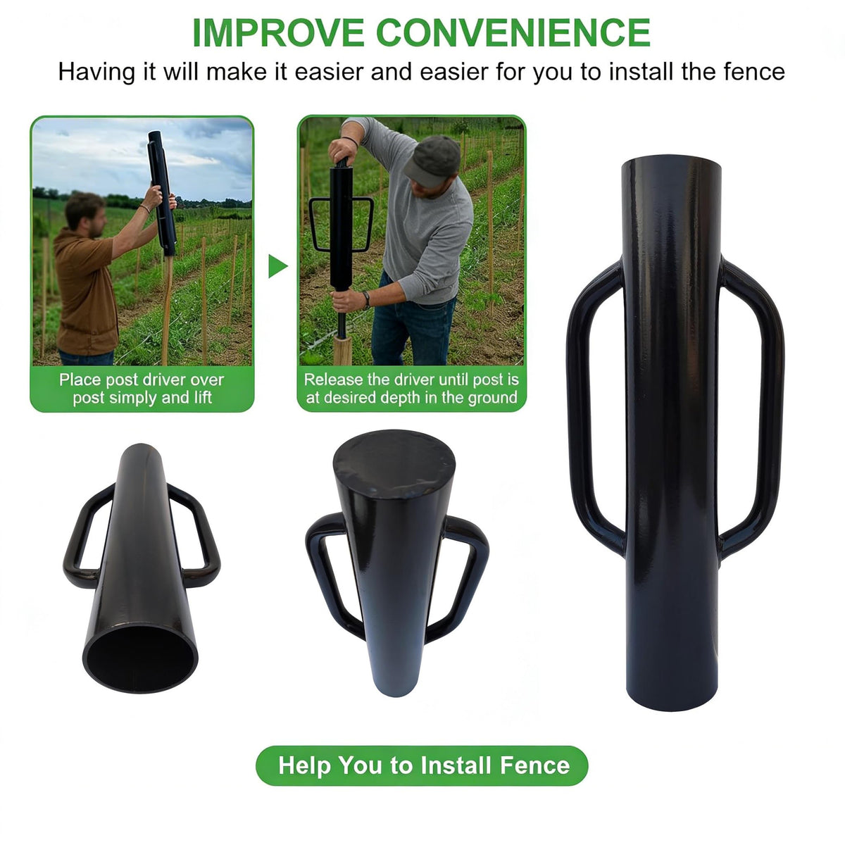 Close-up of the durable black powder-coated steel finish on the MTB Garden post driver.