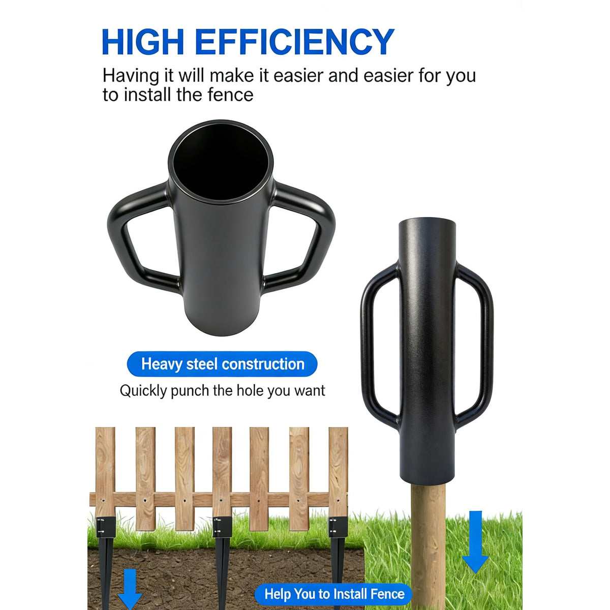 In-use MTB Garden post driver showing weight aiding post driving process.