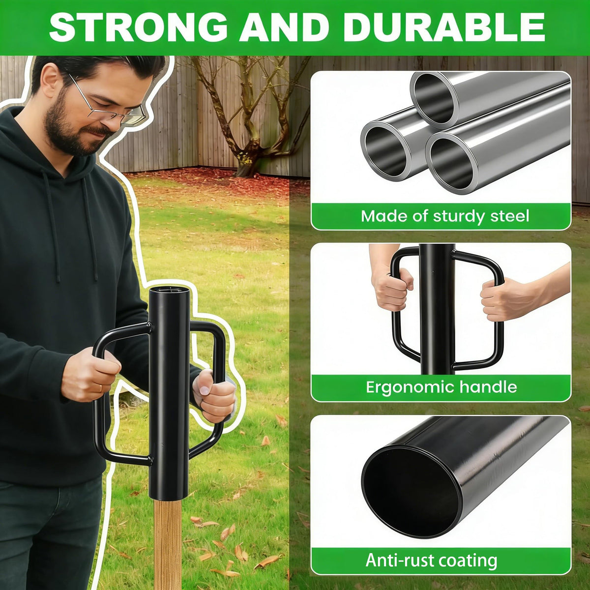 Portable post driver side view showing compact design and handles.