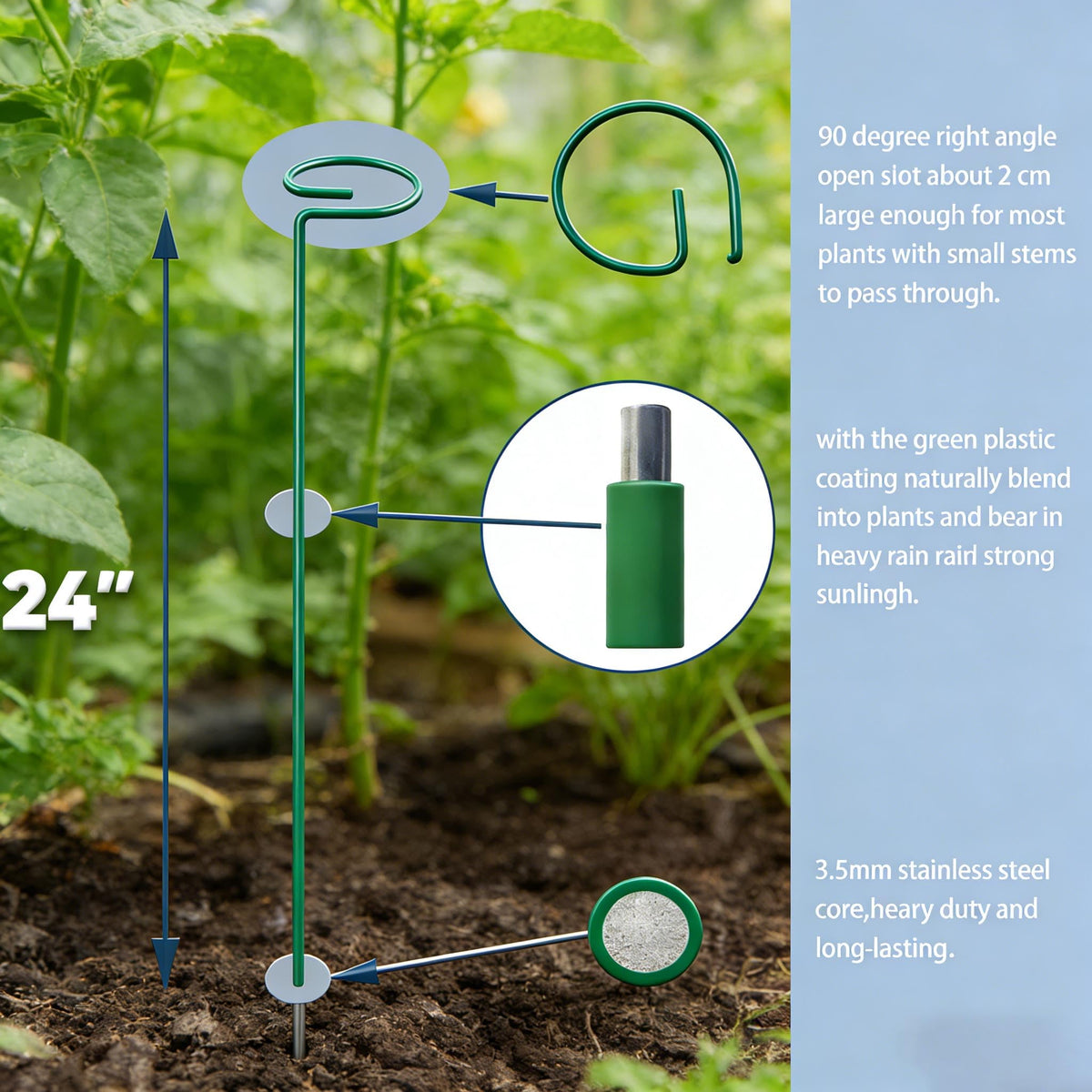 MTB Supply green 24in stake in garden supports single-stem flowers securely.