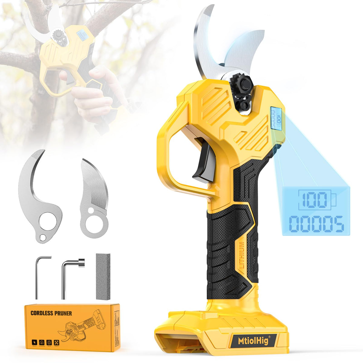 MtiolHig electric pruning shears with DeWalt 20V compatibility for flexible cordless gardening.
