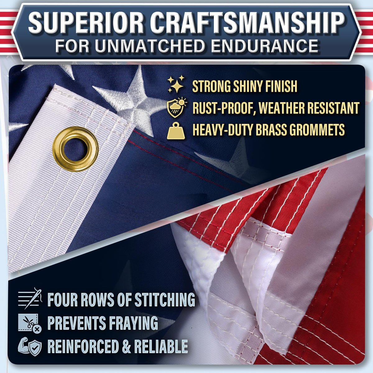 MTKIVI flag with fully embroidered stars for authentic patriotic look.
