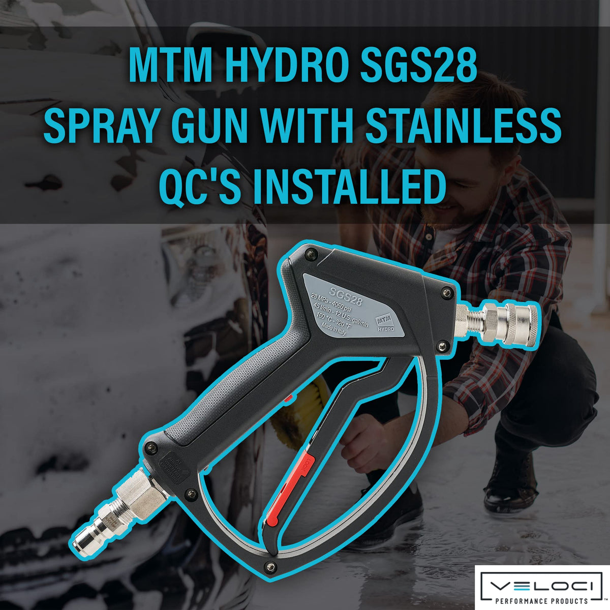 MTM Hydro SGS28 trigger gun with hose swivel reduces tangling during washing