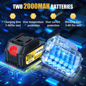 MuatCtarom 21V batteries with 2000mAh support long gardening sessions.