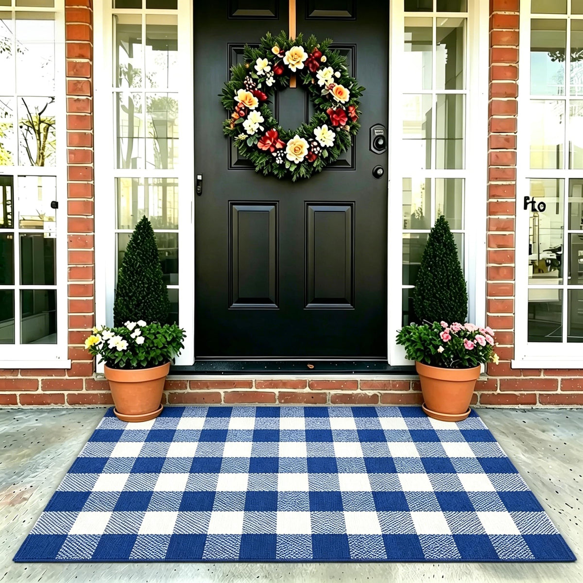 MUBIN blue and white outdoor rug ideal for porches and entryways