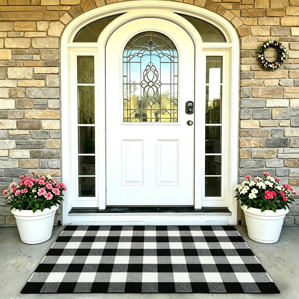 MUBIN Cotton Buffalo Plaid Rug at front door, soft and durable for daily use.