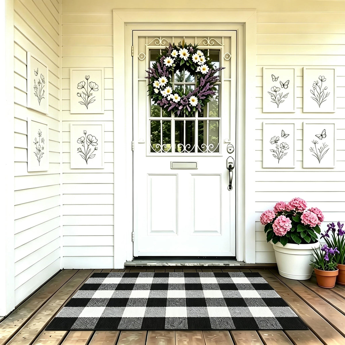 MUBIN buffalo plaid rug layered with HELLO mat to elevate curb appeal.
