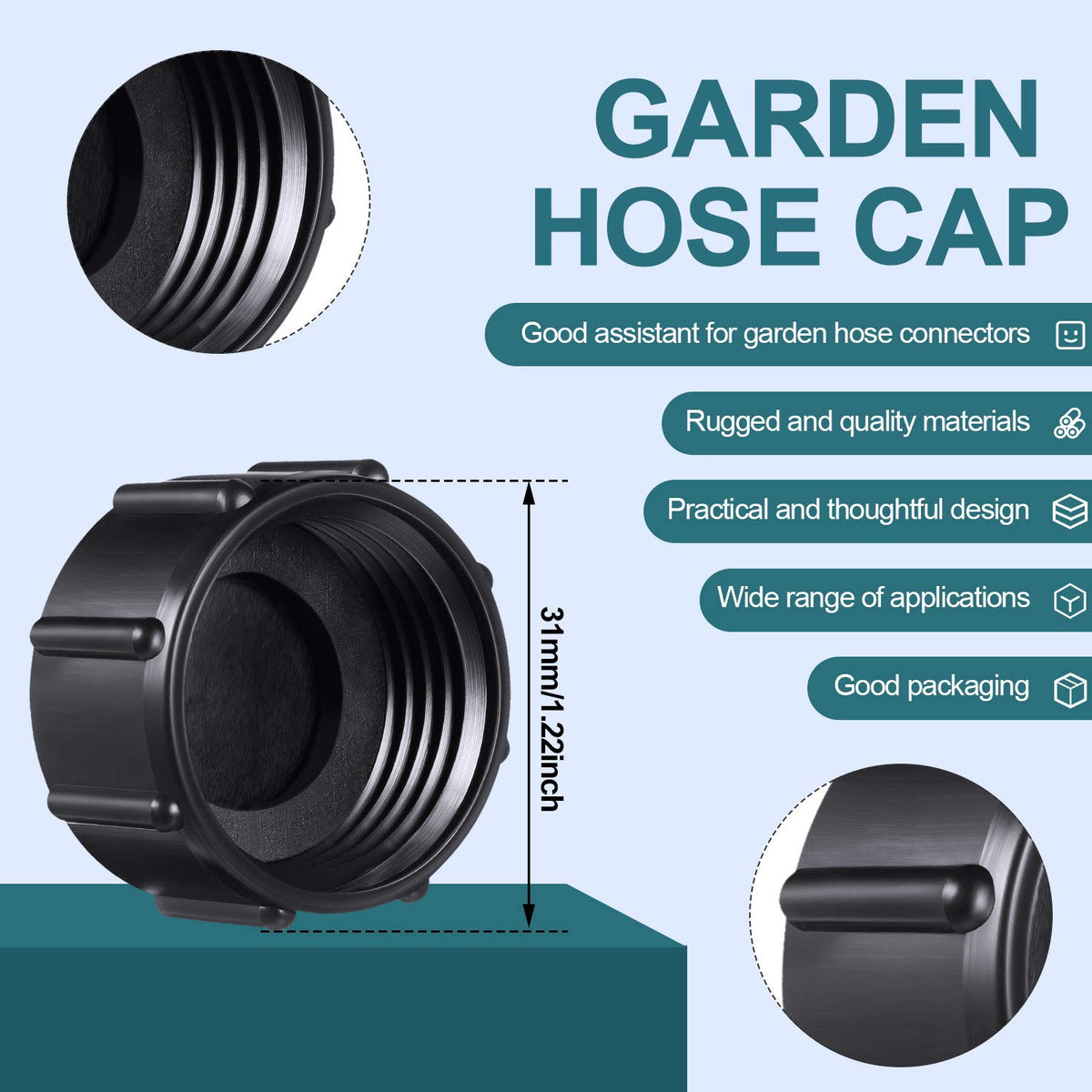 Mudder garden hose cap demonstrates threaded end for easy, tool-free tightening