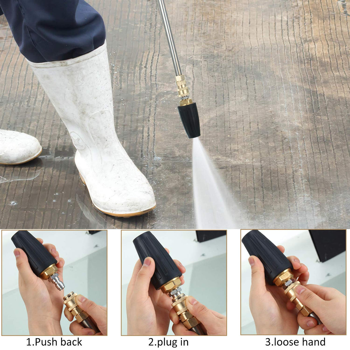 Mudder nozzle in use for concrete and brick outdoor cleaning applications.