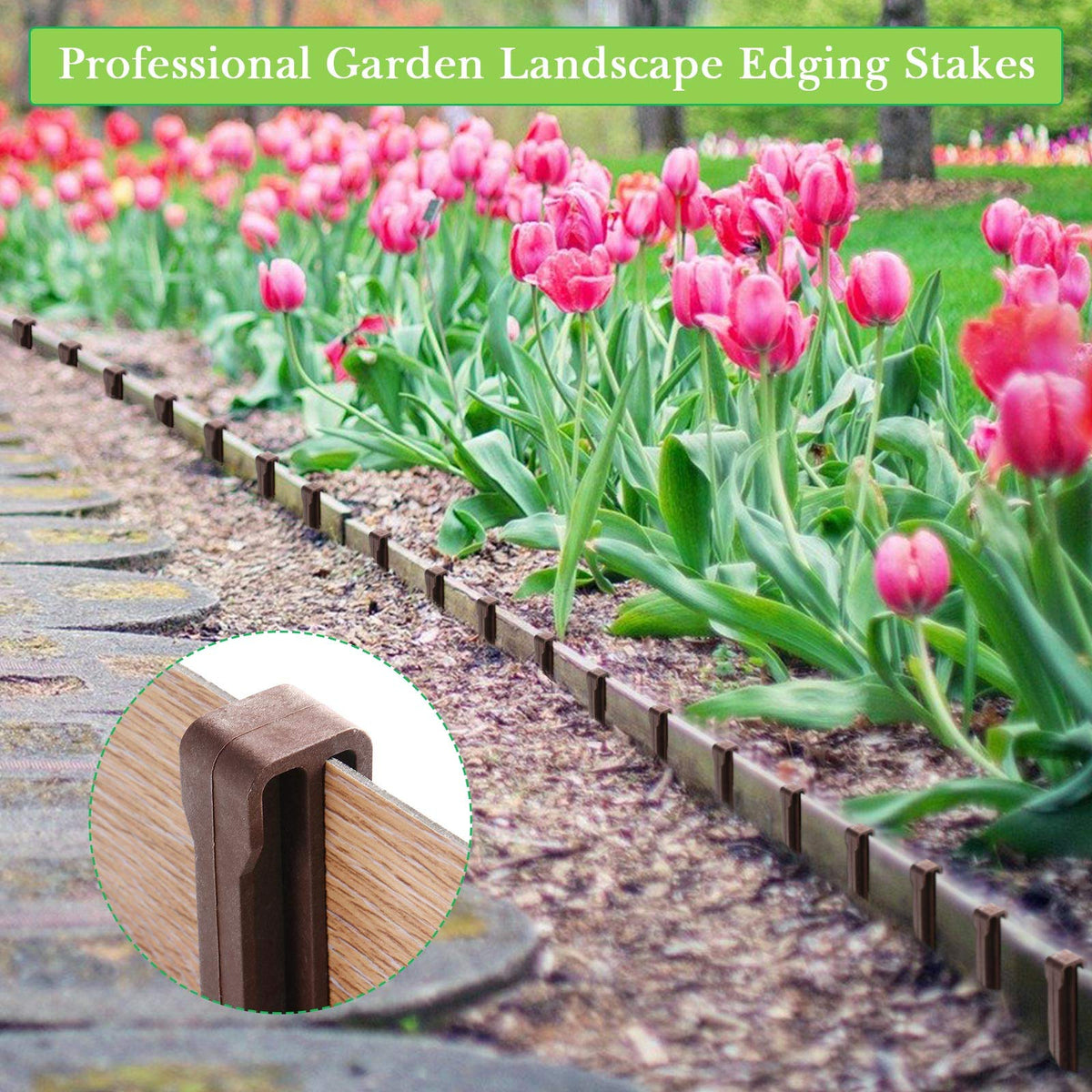 Mudder stakes array with edging board demonstrates quick landscape setup.