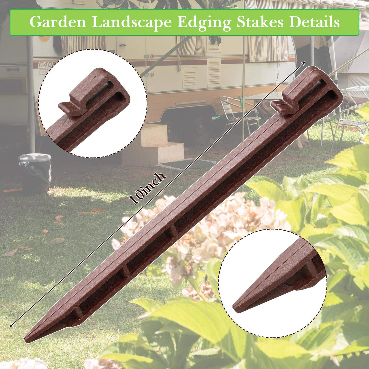 Mudder plastic ground stakes 10inch brown installed in soil for secure edging.