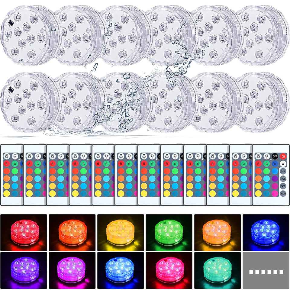 Mudder submersible LED lights 12-pack with remote for pool and spa color options.