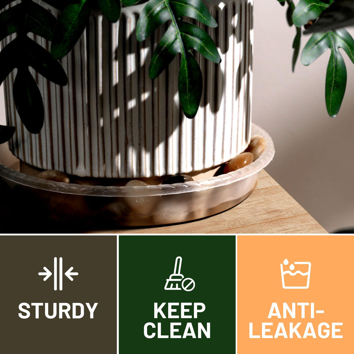 MUDEELA 12-inch clear plant saucer highlights durable capacity for heavy pots.