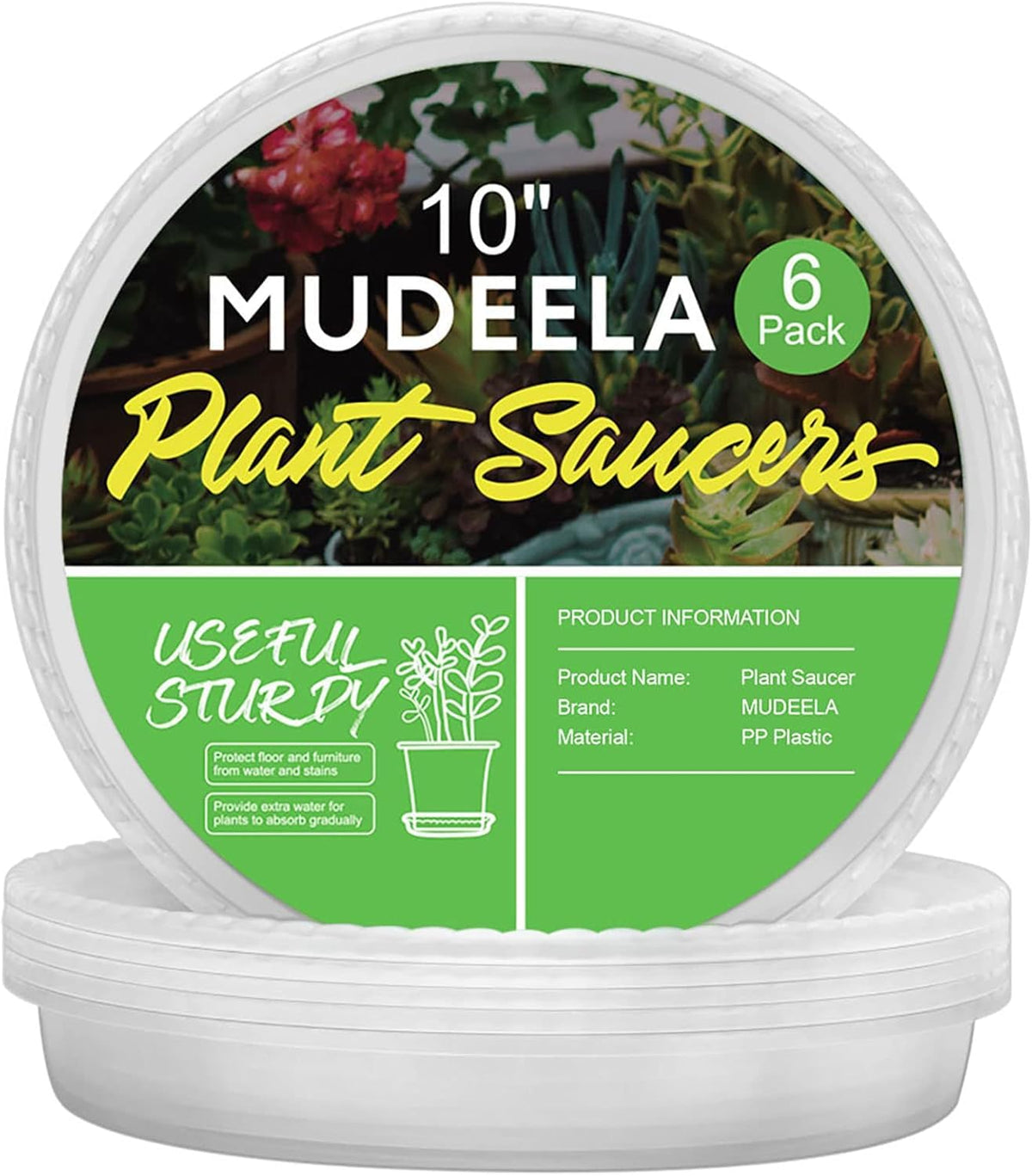 MUDEELA 10-inch clear plant saucer top view protects surfaces while showcasing pots