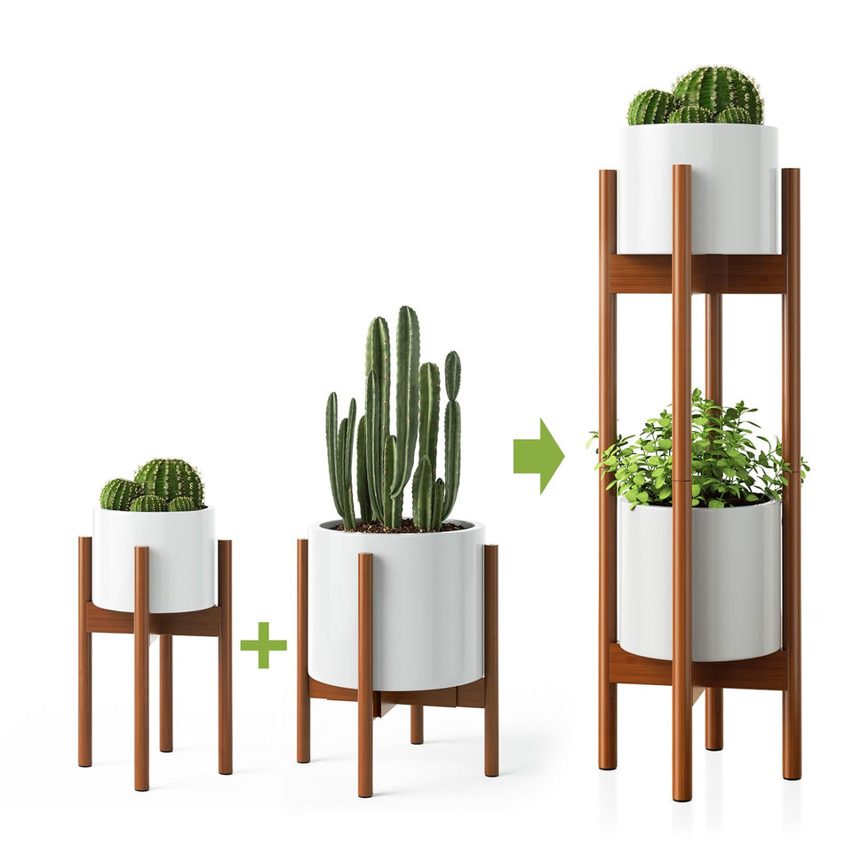 MUDEELA two-pack bamboo plant stands for flexible indoor display.
