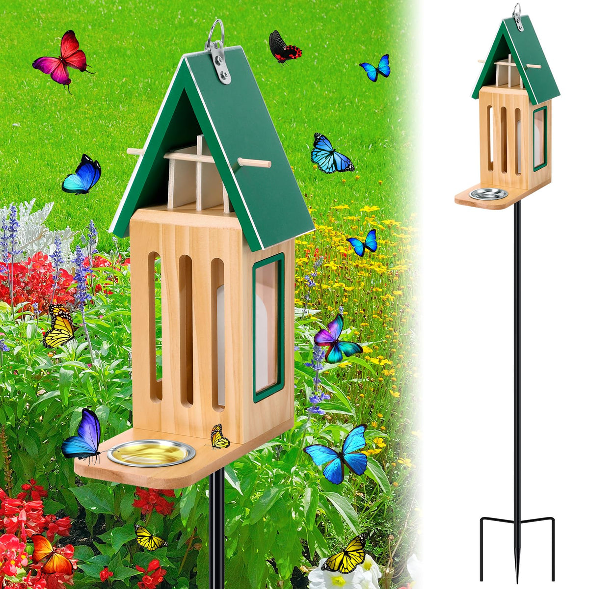 MUDEREK butterfly house with feeder and green roof, ideal for garden observation.