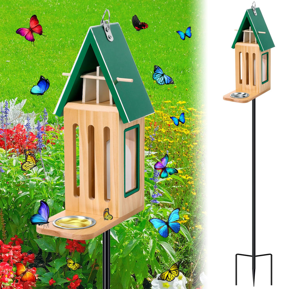 MUDEREK butterfly house with feeder and green roof, ideal for garden observation.
