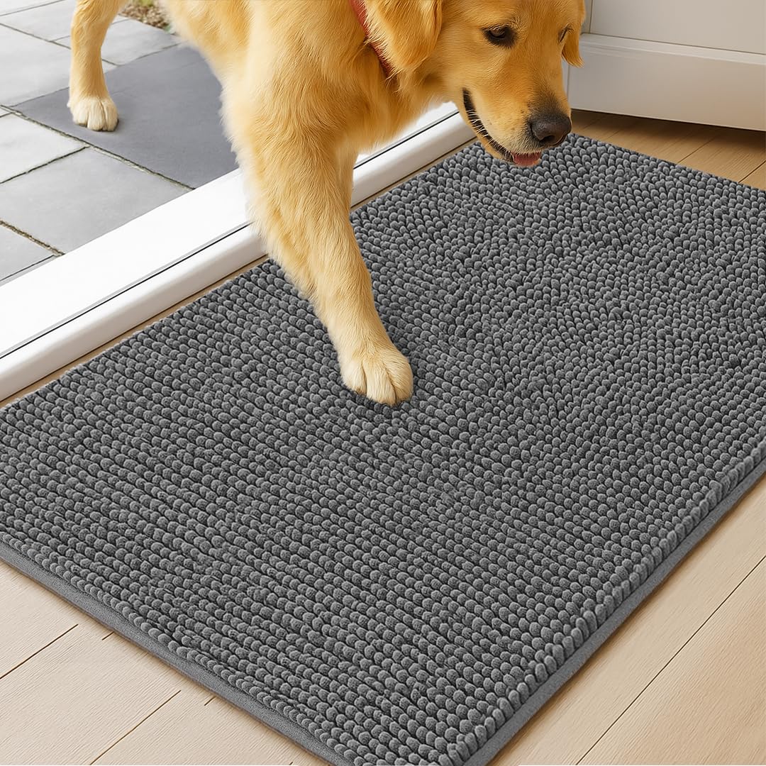 MudGuard Mat shows microfiber absorption around muddy paw prints for a clean entryway.
