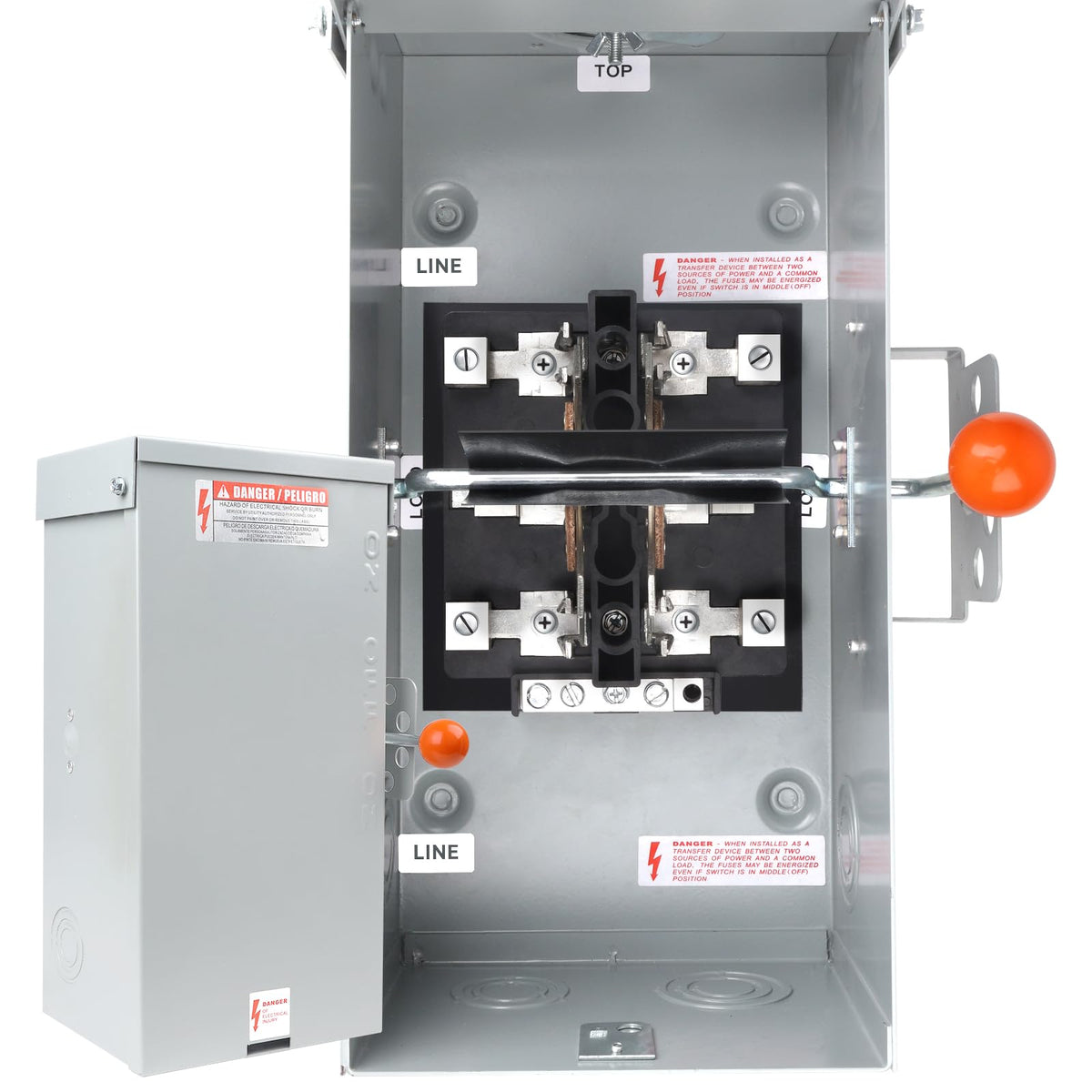 MUJURUR 100A transfer switch front view showing outdoor-ready design for easy power switching