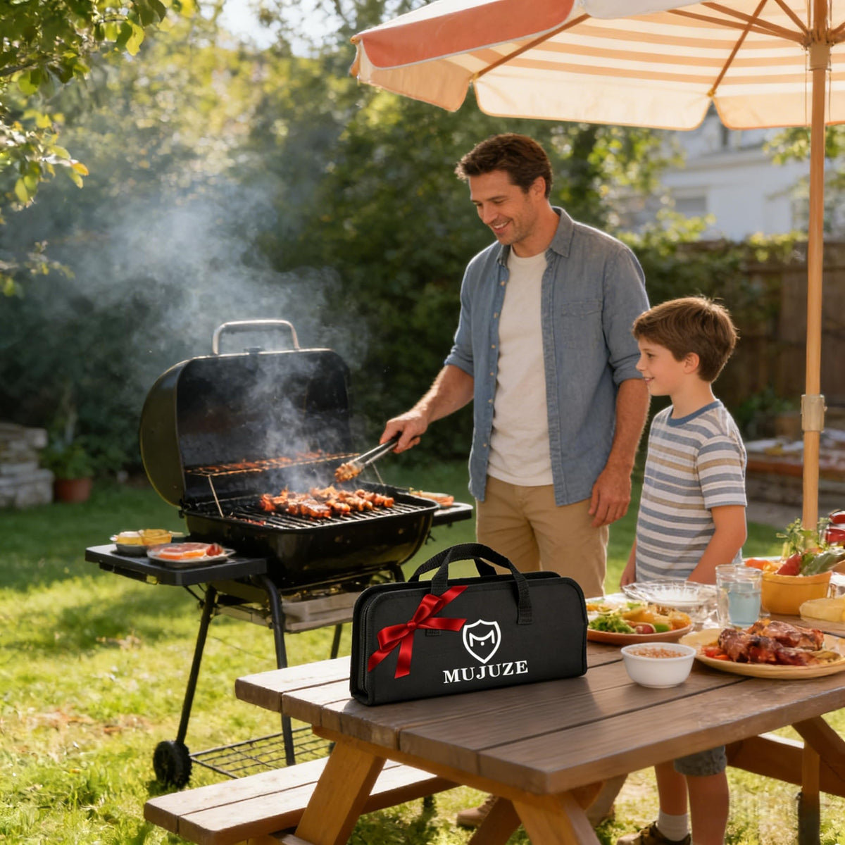 MUJUZE tongs with extended reach for safe, comfortable grilling.