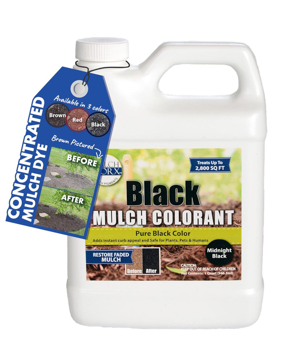 Mulch Worx black mulch color concentrate bottle for revitalizing faded mulch with rich midnight black shade.
