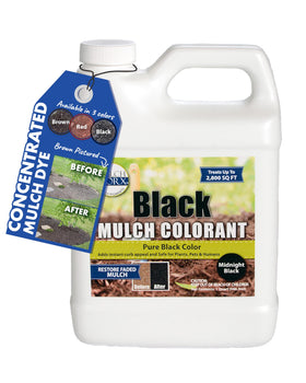 Mulch Worx black mulch color concentrate bottle for revitalizing faded mulch with rich midnight black shade.