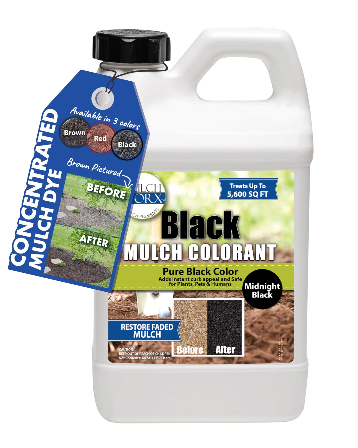 Mulch Worx black color concentrate bottle for mixing with water.