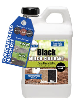Mulch Worx black color concentrate bottle for mixing with water.