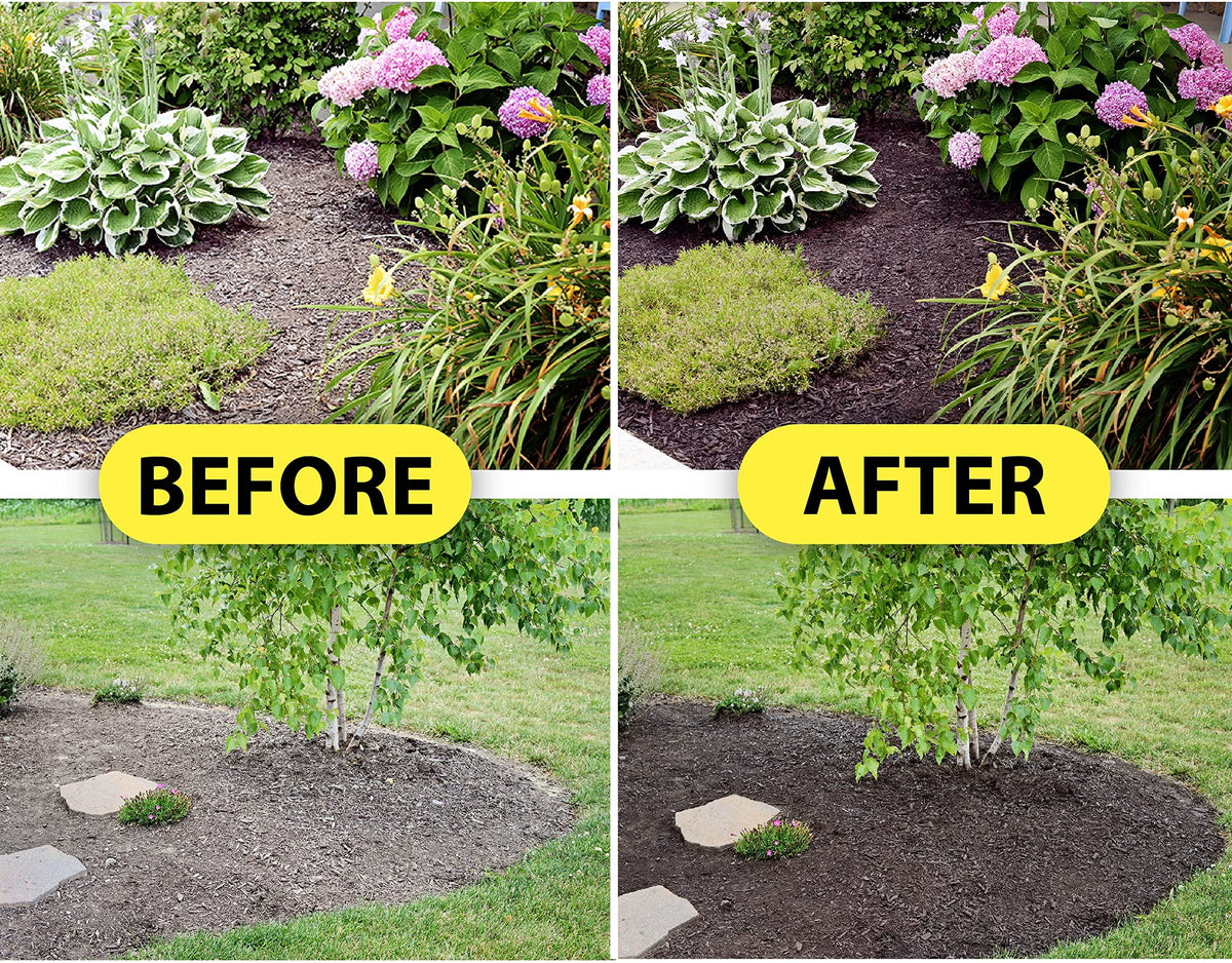 Mulch Worx color concentrate applied along garden bed edges.