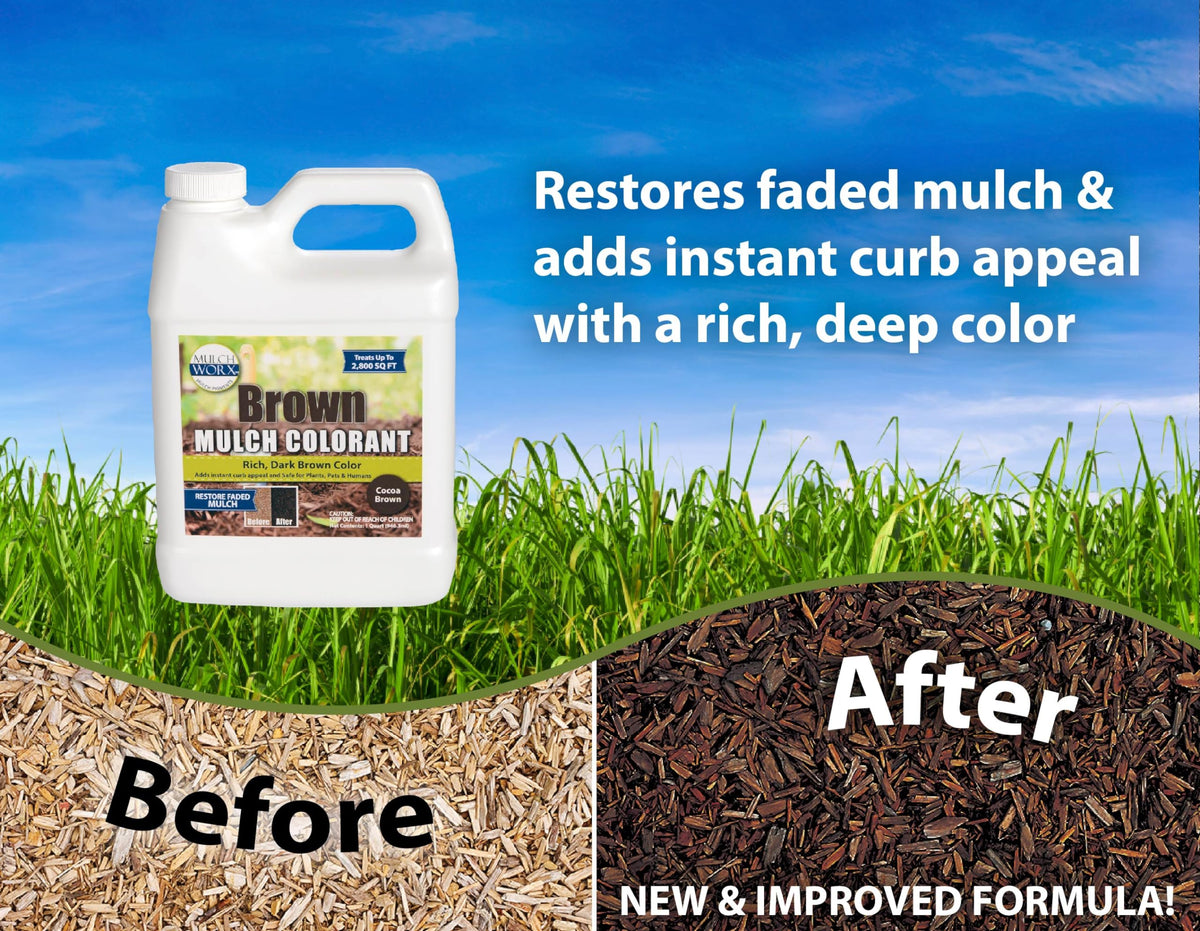 Mulch Worx spray application applying even brown color on mulch