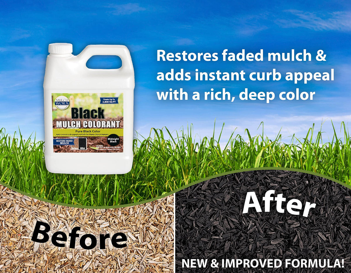 Mulch Worx quart mulch dye spray covers up to 2,800 sq ft with even, long-lasting tone.