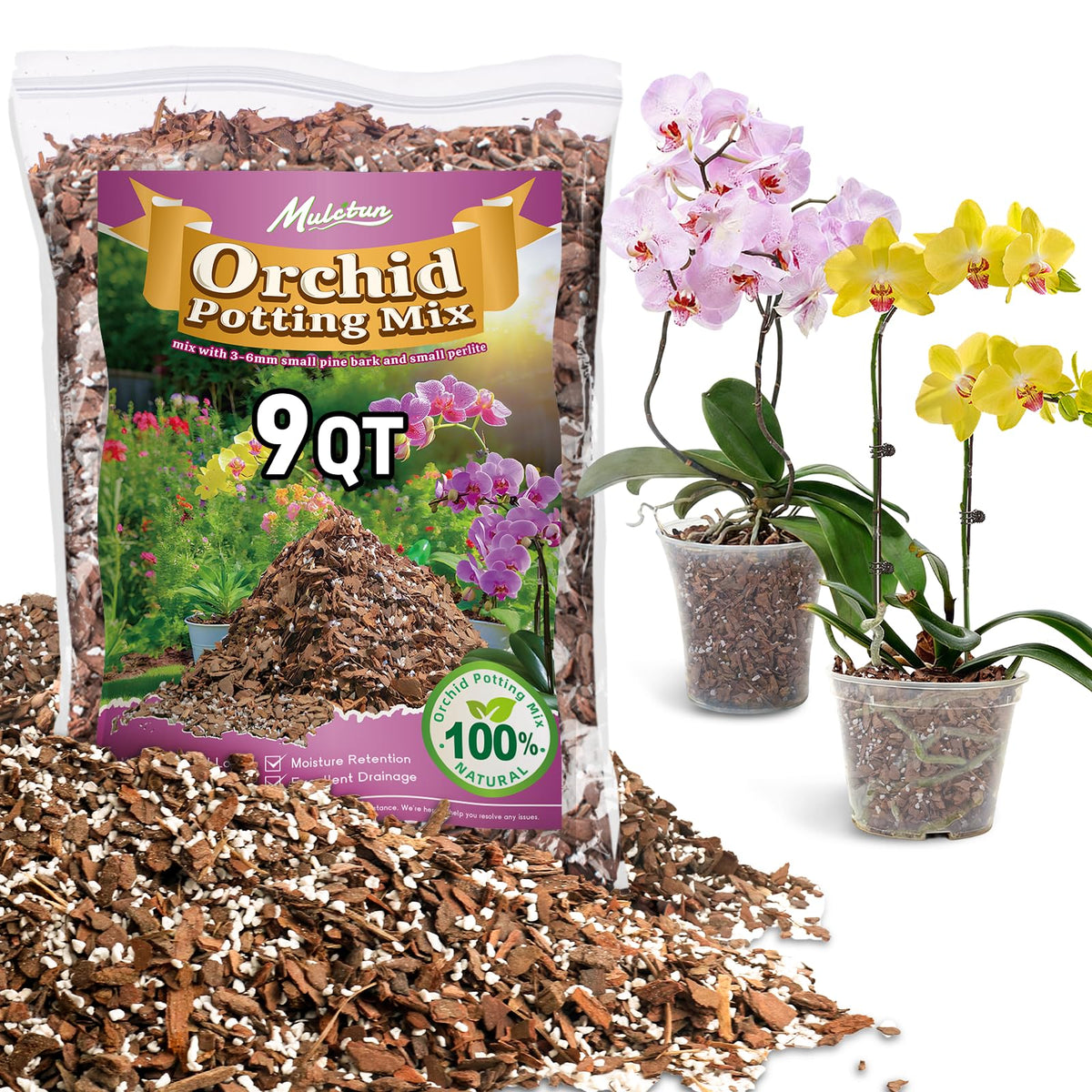 Mulctun Orchid Bark Potting Mix bag view supports orchid root aeration and drainage