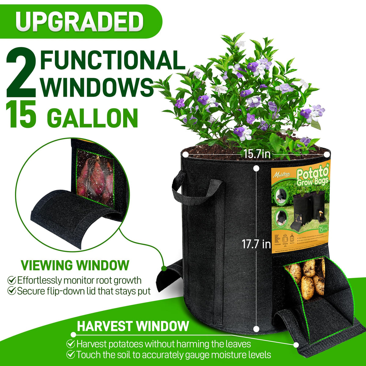 Mulctun potato grow bag with harvest window for easy picking.