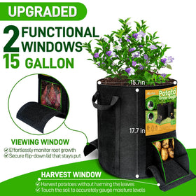 Mulctun potato grow bag with harvest window for easy picking.