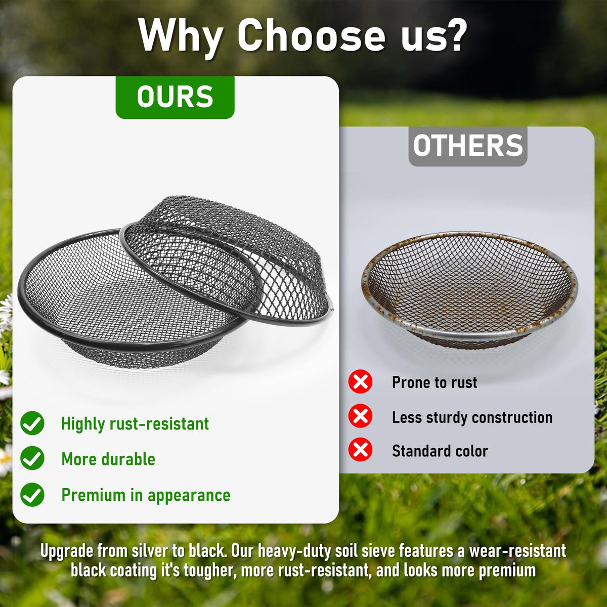Mulctun soil sifter mesh detail shows four mesh sizes for finer screening