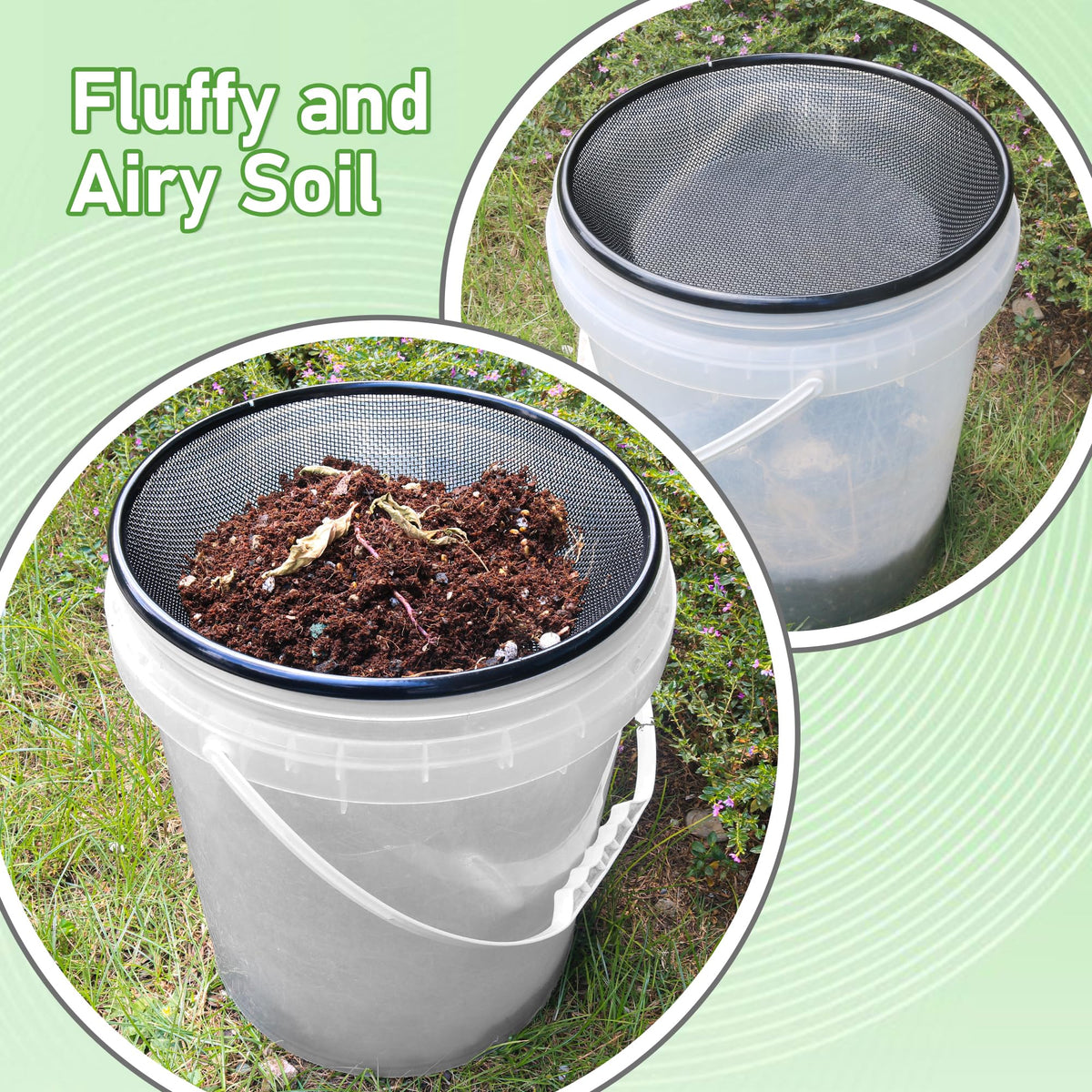 Mulctun sifter features stackable design for compact storage after use.
